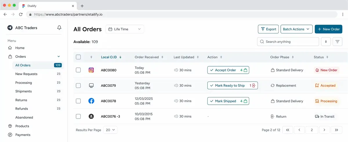 The Etailify partner dashboard, showing the all orders table with order phase and status columns