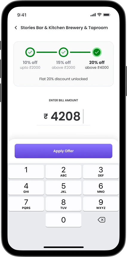 Pay bill screen, amount entered, with the twenty percent tier now unlocked live