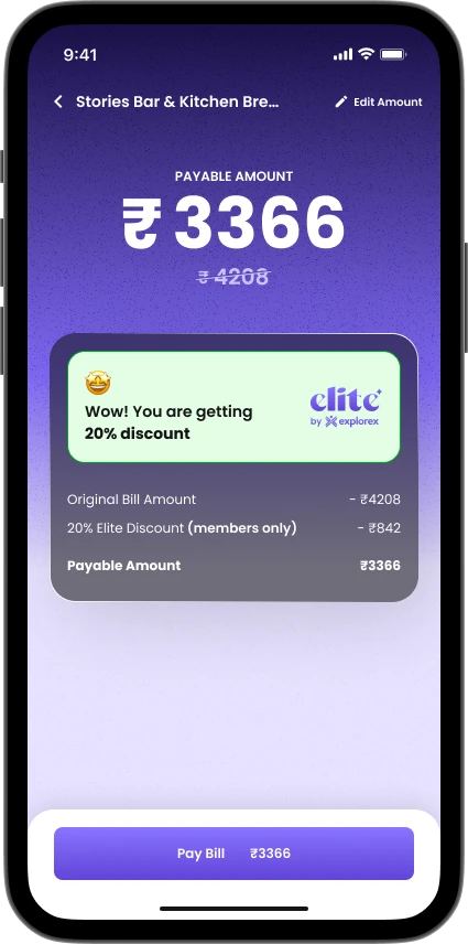 Pay bill screen, showing the payable amount with a wow you are getting 20 percent discount message