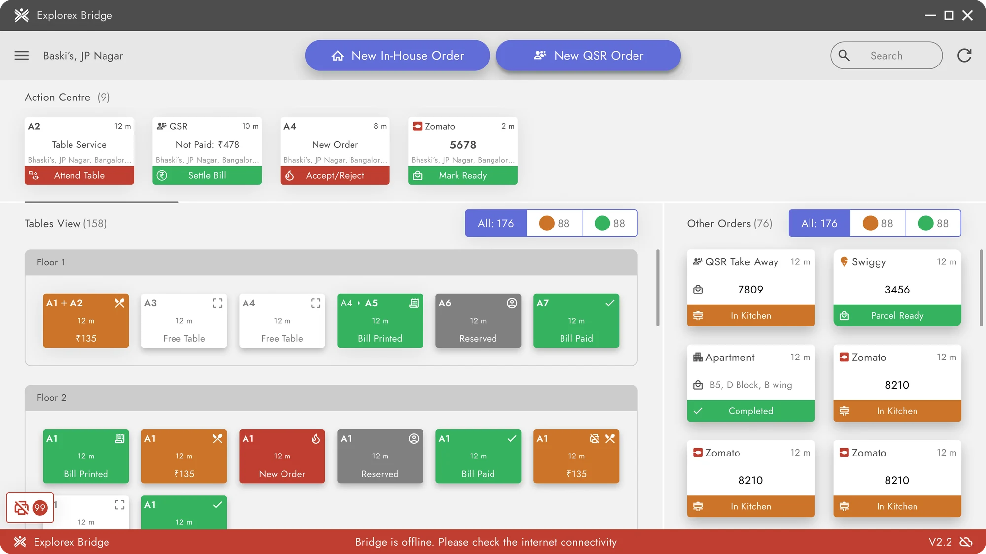 Explorex Bridge desktop dashboard, showing an Action Centre, a live tables view and other order channels including Zomato and Swiggy