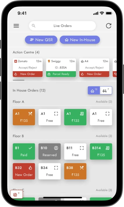 Bridge mPOS mobile screen, showing the same live orders and table view for a waiter on the floor