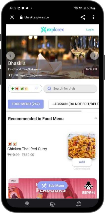Digital Dine-in food menu, with a third party advertisement banner inside the ordering flow
