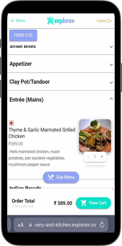 Digital Dine-in cart, showing a category accordion and a sticky order total