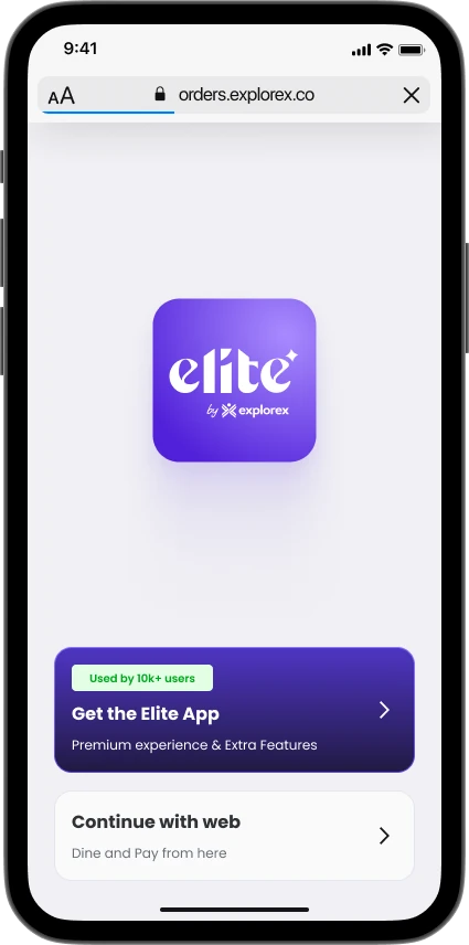 First screen after a QR code scan, offering a choice between the Elite app and continuing on web