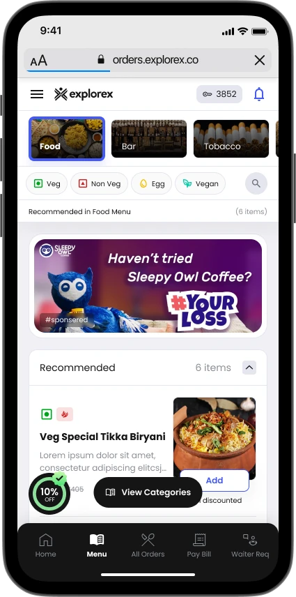 Explorex diner ordering flow screen