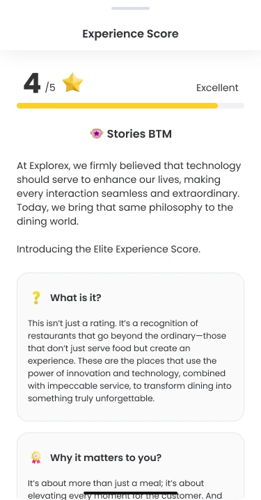 Experience Score explainer screen, showing a score of 4 out of 5 with what it is and why it matters