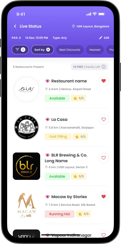 Live Table Status list, showing nearby restaurants with running hot, fast filling and available tags