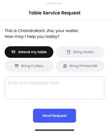 Table Service Request screen, showing the assigned waiter's name and four common request buttons