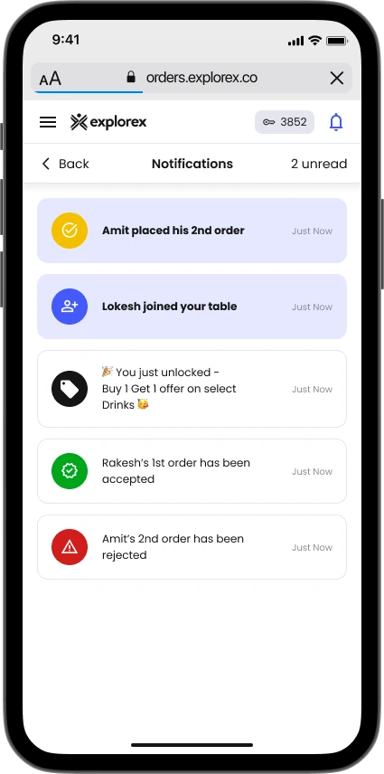 Notifications screen, showing order and table updates grouped clearly