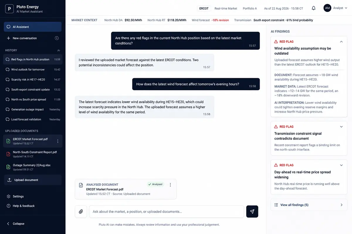 Pluto Energy V1 chat-first interface screenshot